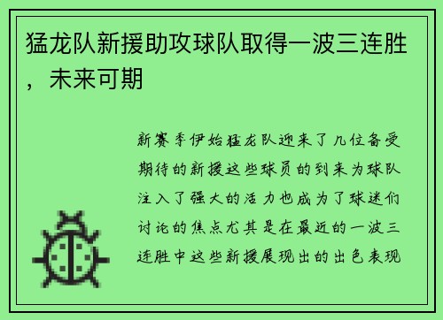 猛龙队新援助攻球队取得一波三连胜，未来可期